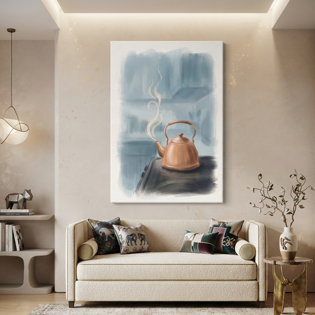 Steaming Copper Kettle Kitchen Cozy Watercolor Canvas Wall Art Prints