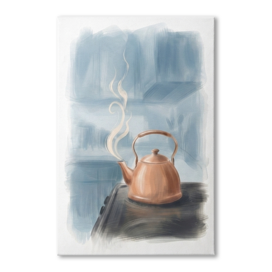 Steaming Copper Kettle Kitchen Cozy Watercolor Canvas Wall Art Prints above a 3-seater sofa at true scale