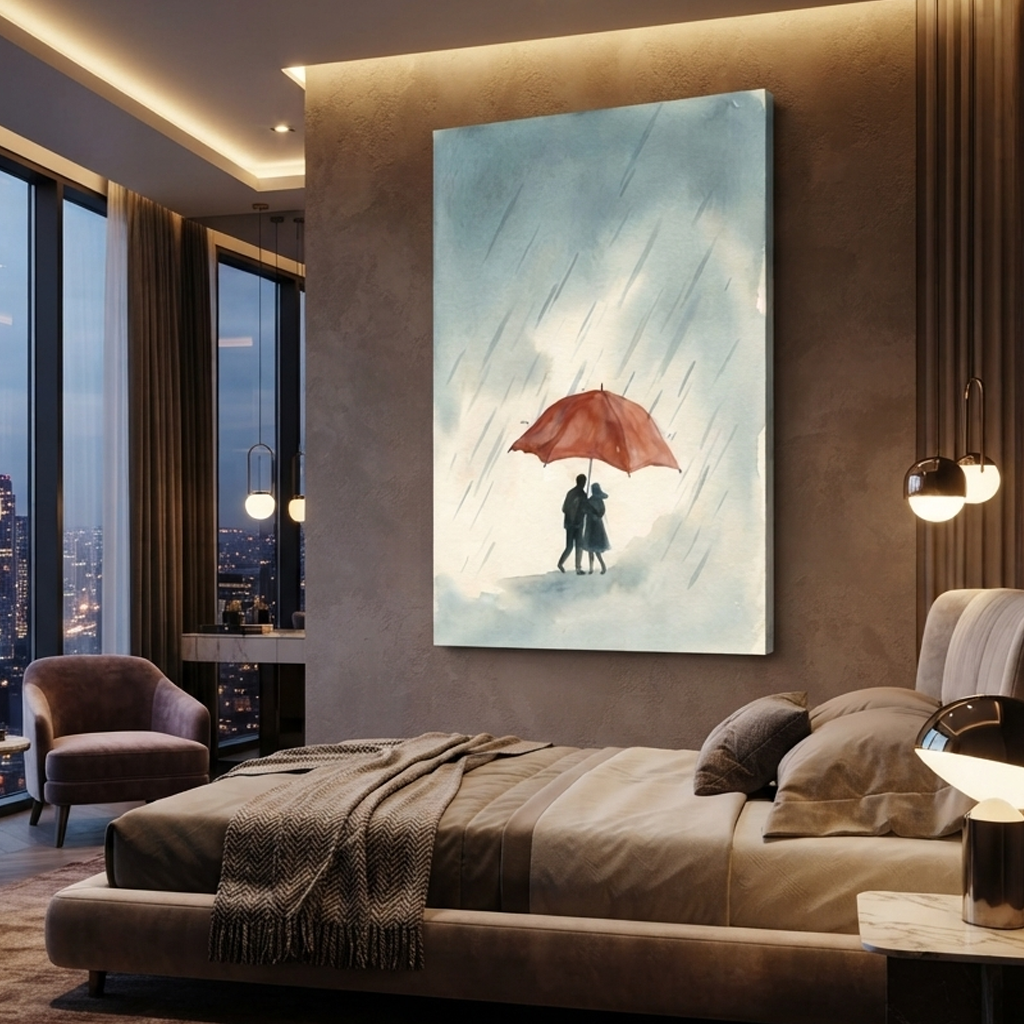 Red Umbrella Rainy Romance Cozy Watercolor Canvas Wall Art Prints