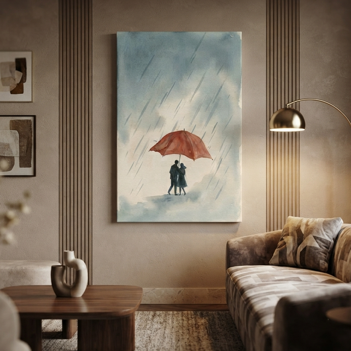 Red Umbrella Rainy Romance Cozy Watercolor Canvas Wall Art Prints