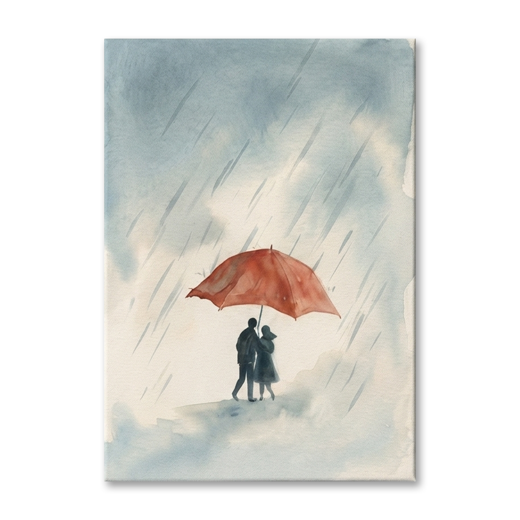 Red Umbrella Rainy Romance Cozy Watercolor Canvas Wall Art Prints, zoom in to see the canvas