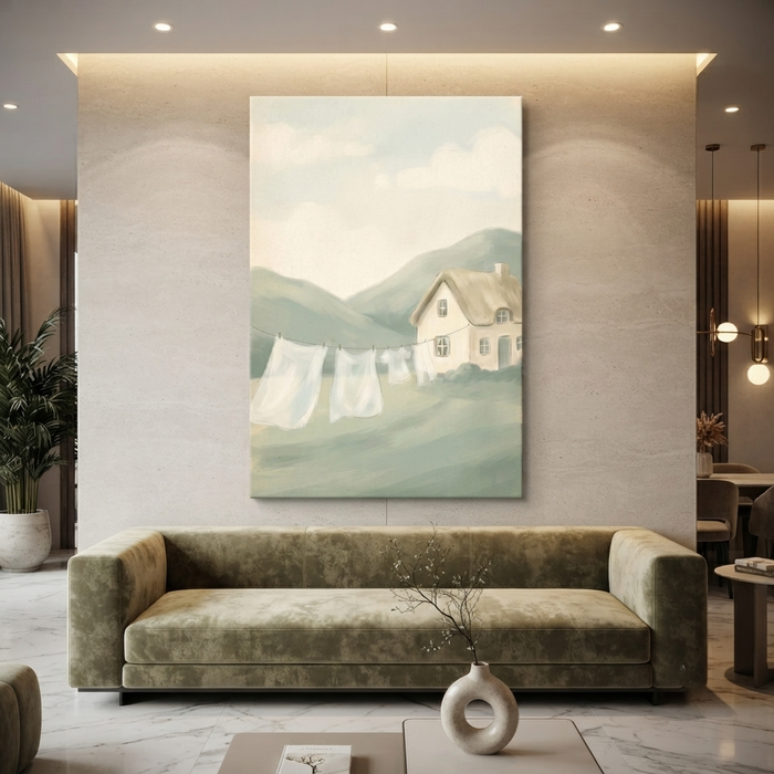 Countryside Cottage Clothesline Breeze Cozy Watercolor Canvas Wall Art Prints