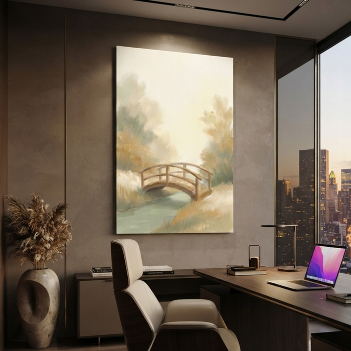 Golden Woodland Wooden Bridge Cozy Watercolor Canvas Wall Art Prints