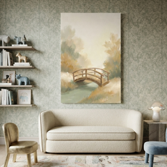 Golden Woodland Wooden Bridge Cozy Watercolor Canvas Wall Art Prints