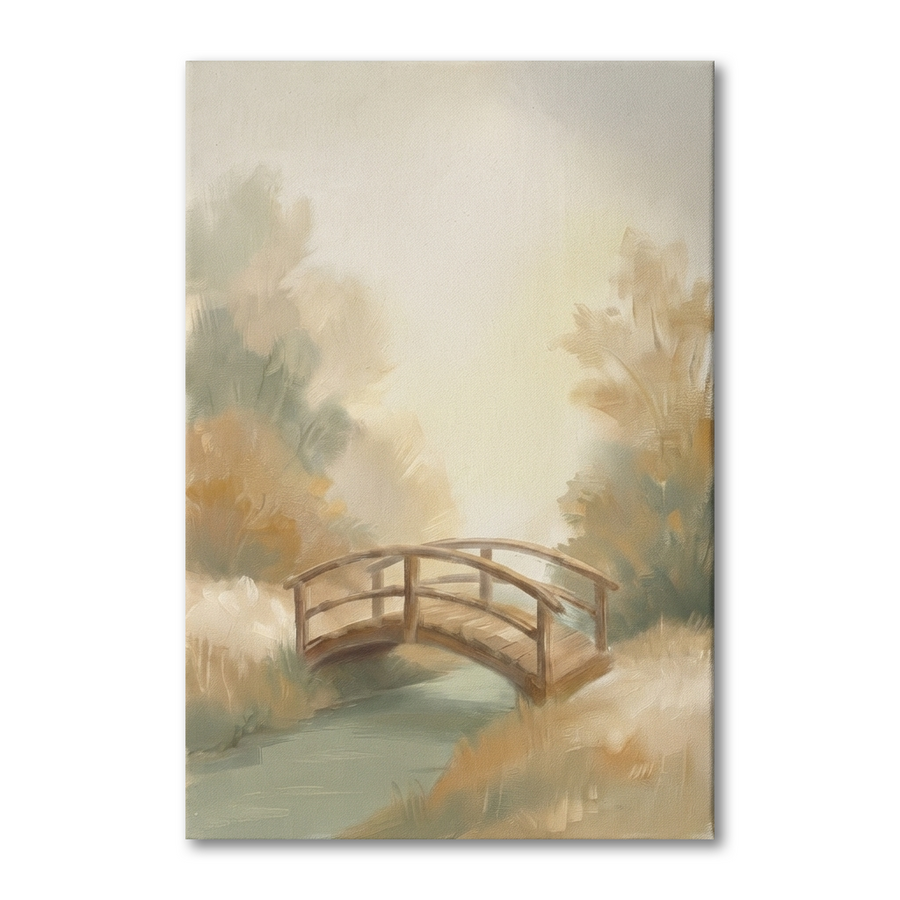 Golden Woodland Wooden Bridge Cozy Watercolor Canvas Wall Art Prints above a 3-seater sofa at true scale