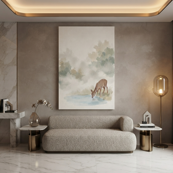 Gentle Deer at Pond Cozy Watercolor Canvas Wall Art Prints