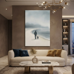 Misty Beach Walk Together Cozy Watercolor Canvas Wall Art Prints