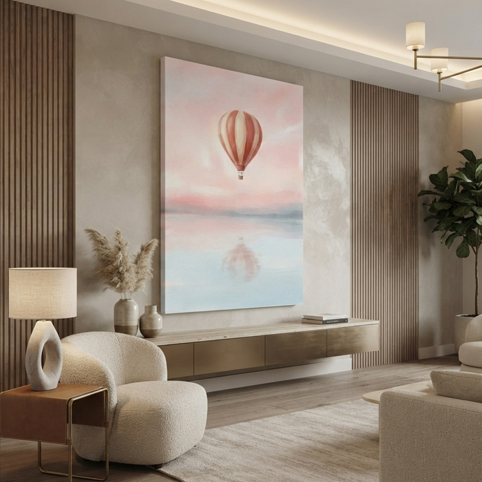 Blush Sky Hot Air Balloon Cozy Watercolor Canvas Wall Art Prints