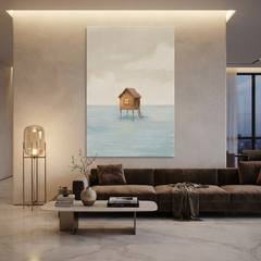 Lone Stilt Hut at Sea Cozy Watercolor Canvas Wall Art Prints