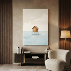 Lone Stilt Hut at Sea Cozy Watercolor Canvas Wall Art Prints