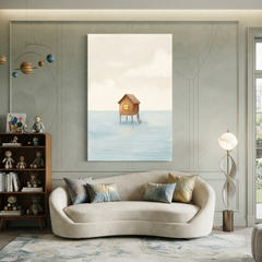 Lone Stilt Hut at Sea Cozy Watercolor Canvas Wall Art Prints