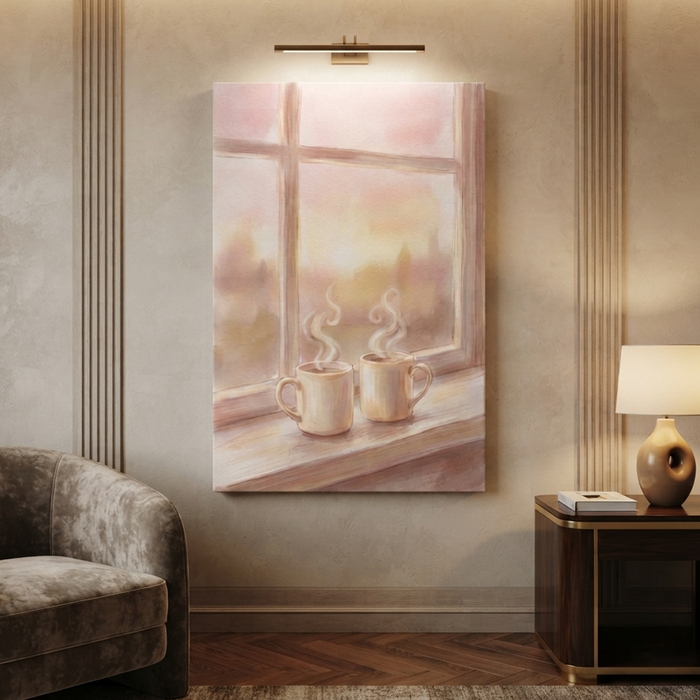 Two Mugs Sunrise Window Cozy Watercolor Canvas Wall Art Prints