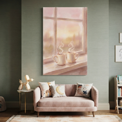 Two Mugs Sunrise Window Cozy Watercolor Canvas Wall Art Prints