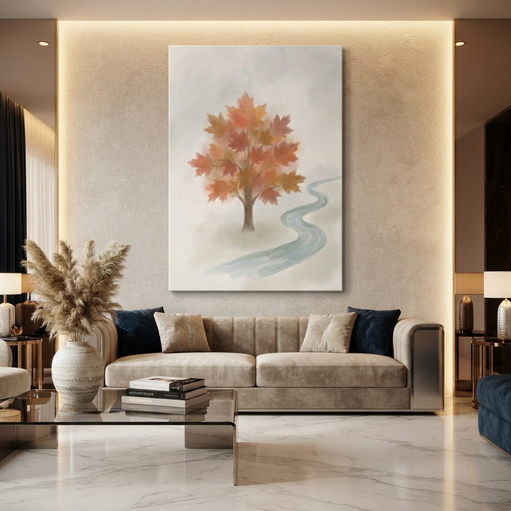 Maple Tree Winding Stream Cozy Watercolor Canvas Wall Art Prints