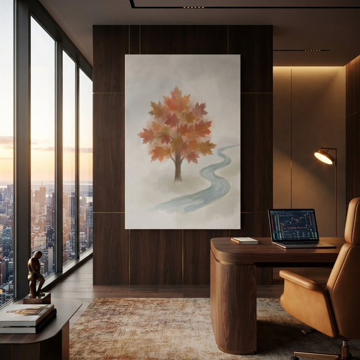Maple Tree Winding Stream Cozy Watercolor Canvas Wall Art Prints