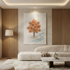 Maple Tree Winding Stream Cozy Watercolor Canvas Wall Art Prints