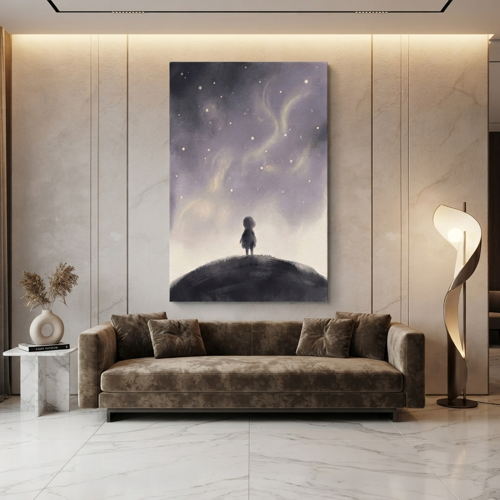 Little Stargazer Night Sky Cozy Watercolor Canvas Wall Art Prints