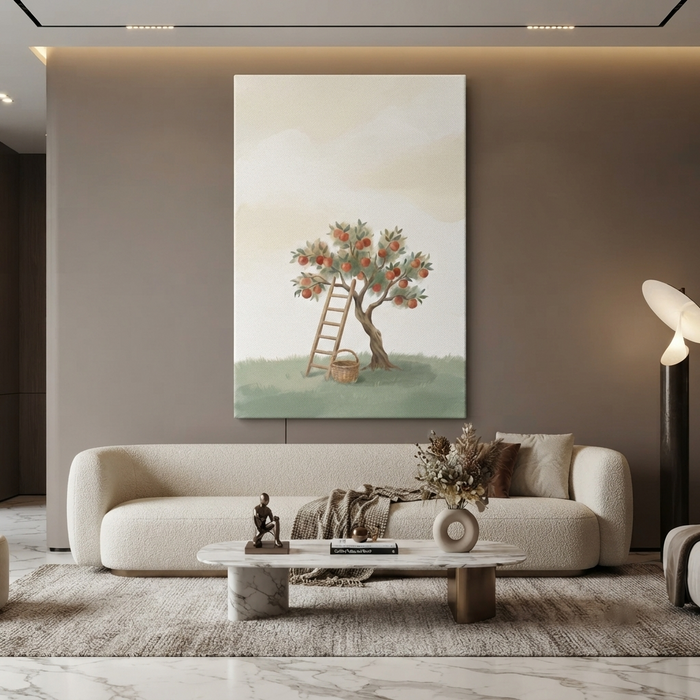 Apple Tree Harvest Ladder Cozy Watercolor Canvas Wall Art Prints