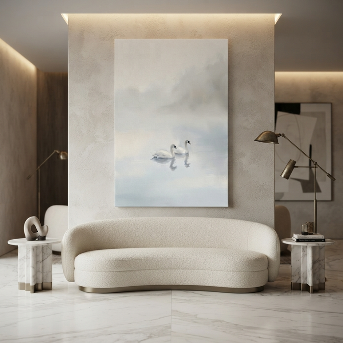 Twin Swans Misty Lake Cozy Watercolor Canvas Wall Art Prints
