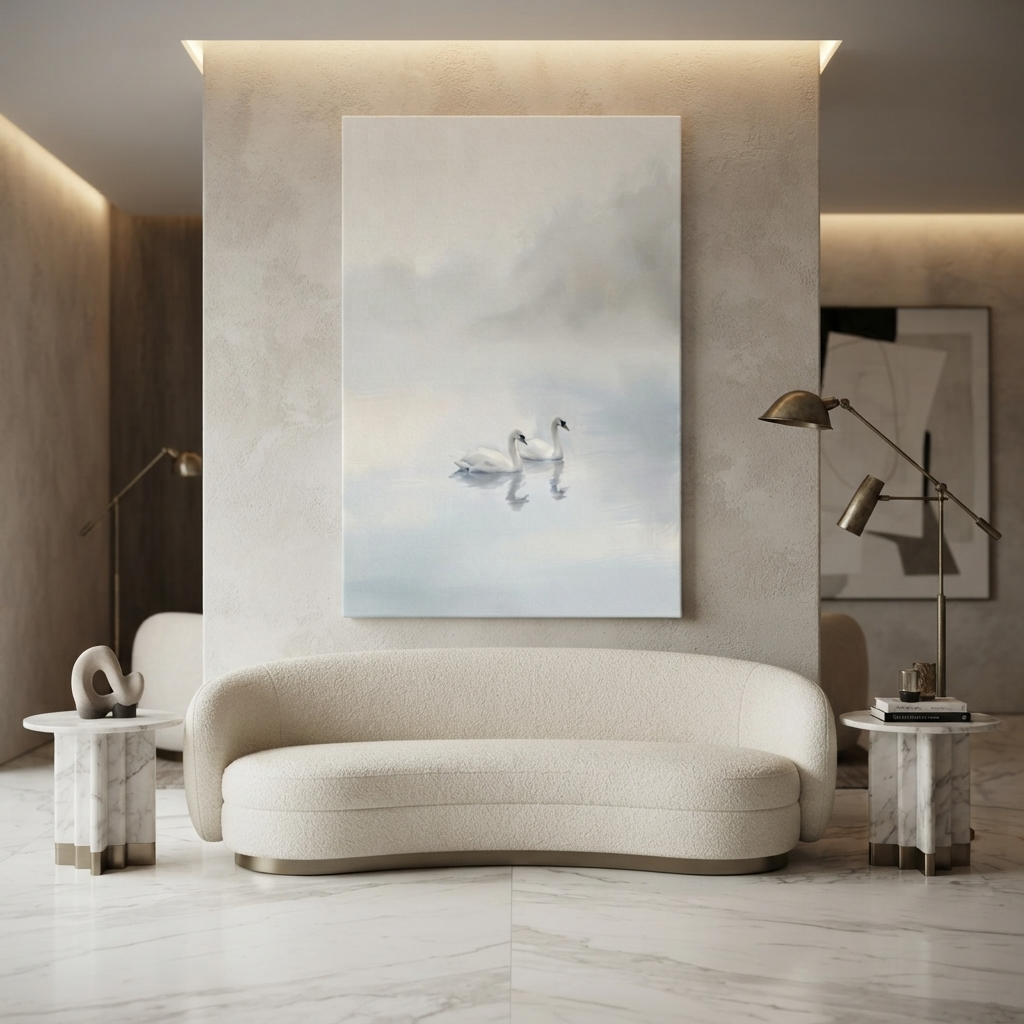 Twin Swans Misty Lake Cozy Watercolor Canvas Wall Art Prints