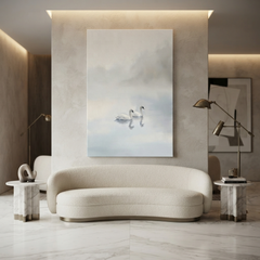 Twin Swans Misty Lake Cozy Watercolor Canvas Wall Art Prints