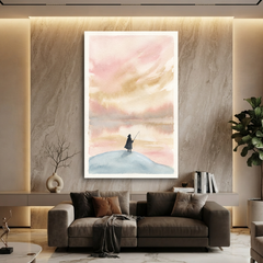 Lone Fisherman Blush Sky Cozy Watercolor Canvas Wall Art Prints
