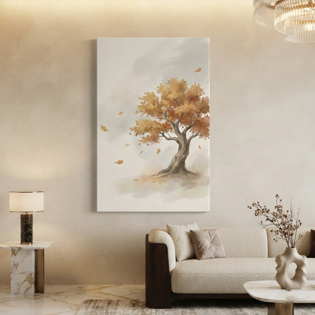 Golden Autumn Windswept Tree Cozy Watercolor Canvas Wall Art Prints
