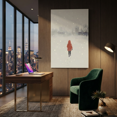 Red Coat Snowfall Walk Cozy Watercolor Canvas Wall Art Prints