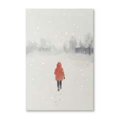 Red Coat Snowfall Walk Cozy Watercolor Canvas Wall Art Prints