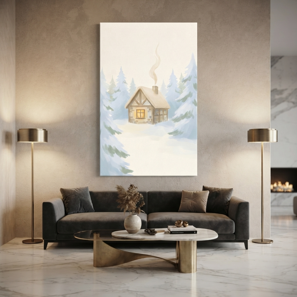 Snowy Pine Forest Cabin Cozy Watercolor Canvas Wall Art Prints