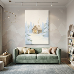 Snowy Pine Forest Cabin Cozy Watercolor Canvas Wall Art Prints