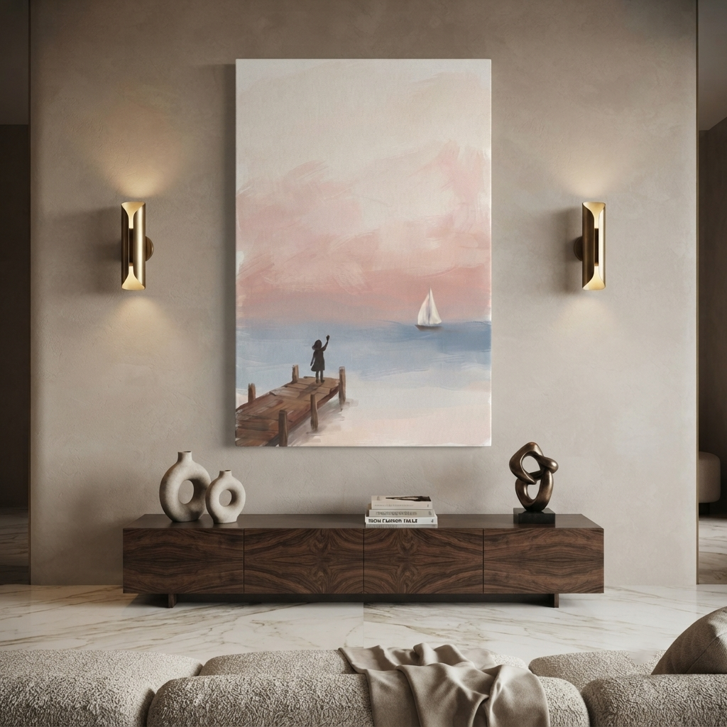 Waving Goodbye Sailboat Jetty Cozy Watercolor Canvas Wall Art Prints