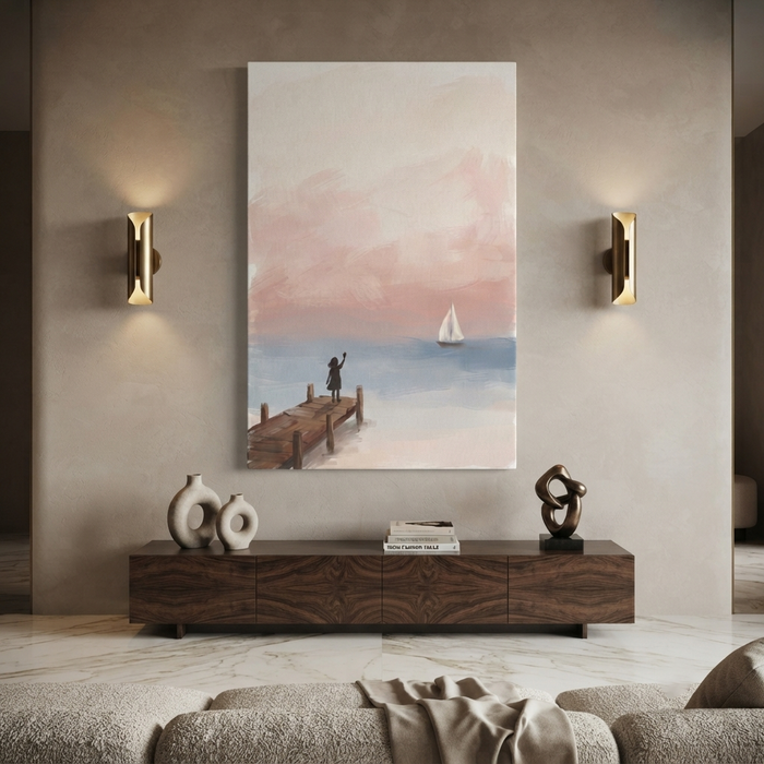 Waving Goodbye Sailboat Jetty Cozy Watercolor Canvas Wall Art Prints