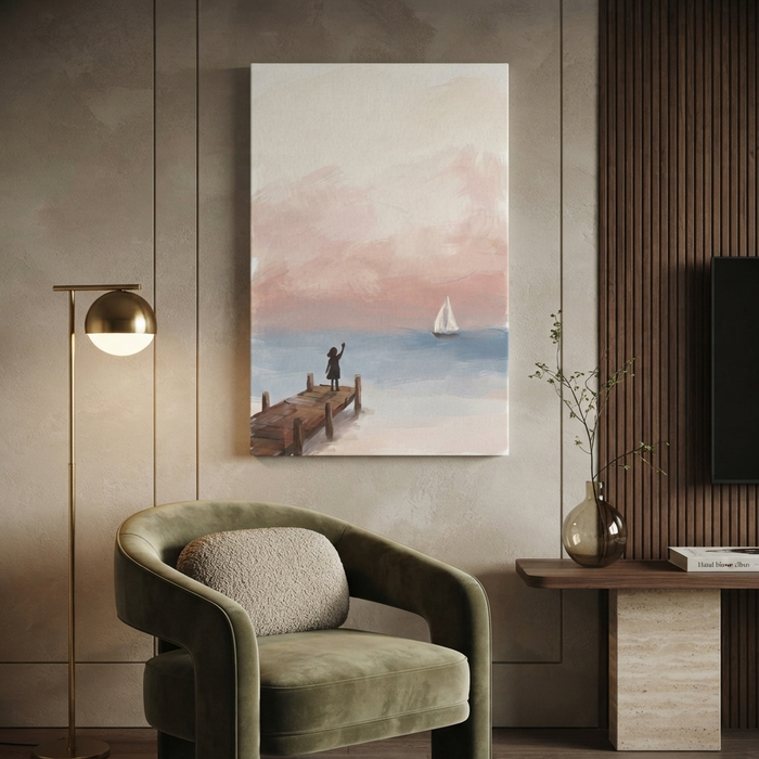 Waving Goodbye Sailboat Jetty Cozy Watercolor Canvas Wall Art Prints
