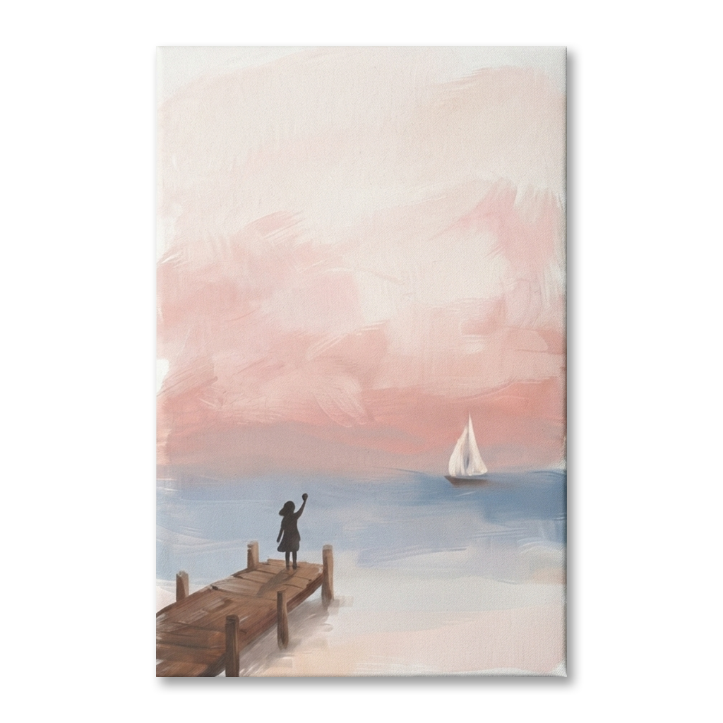 Waving Goodbye Sailboat Jetty Cozy Watercolor Canvas Wall Art Prints, zoom in to see the canvas