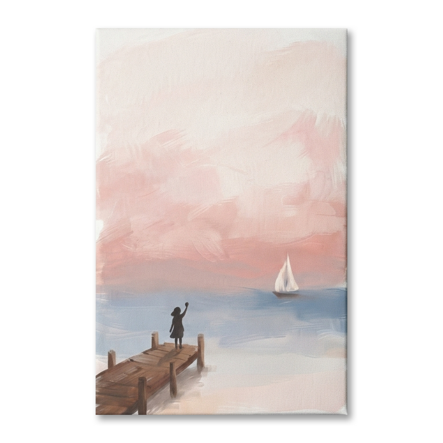 Waving Goodbye Sailboat Jetty Cozy Watercolor Canvas Wall Art Prints above a 3-seater sofa at true scale