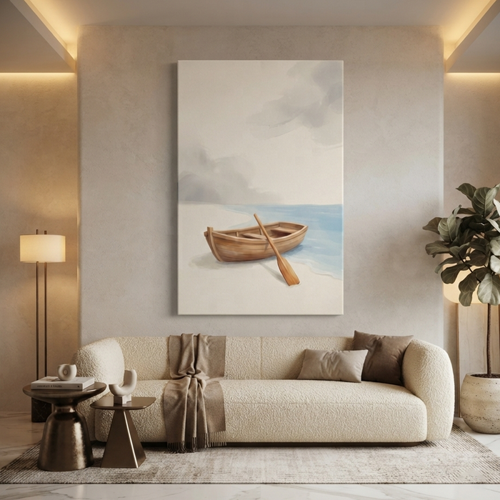 Shoreline Rowboat and Oar Cozy Watercolor Canvas Wall Art Prints