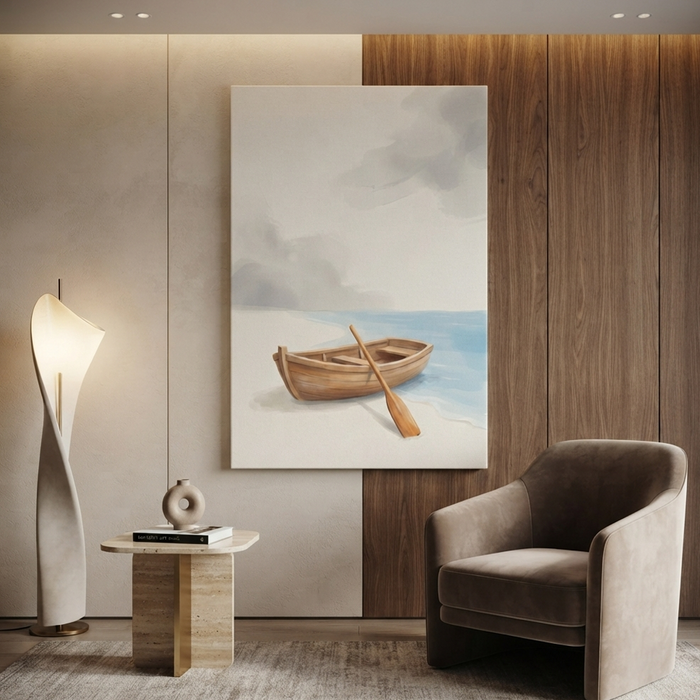Shoreline Rowboat and Oar Cozy Watercolor Canvas Wall Art Prints