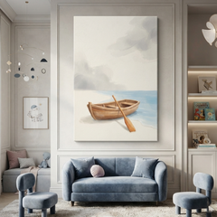 Shoreline Rowboat and Oar Cozy Watercolor Canvas Wall Art Prints