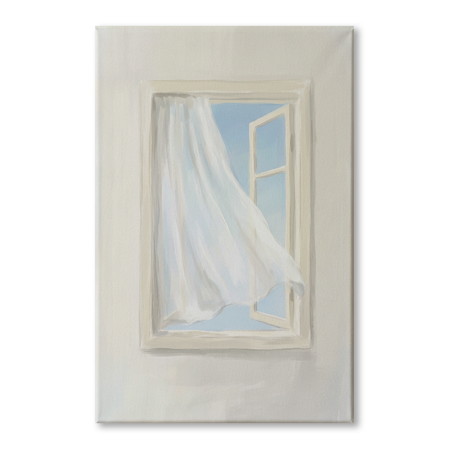 Breezy Open Window Curtain Cozy Watercolor Canvas Wall Art Prints above a 3-seater sofa at true scale