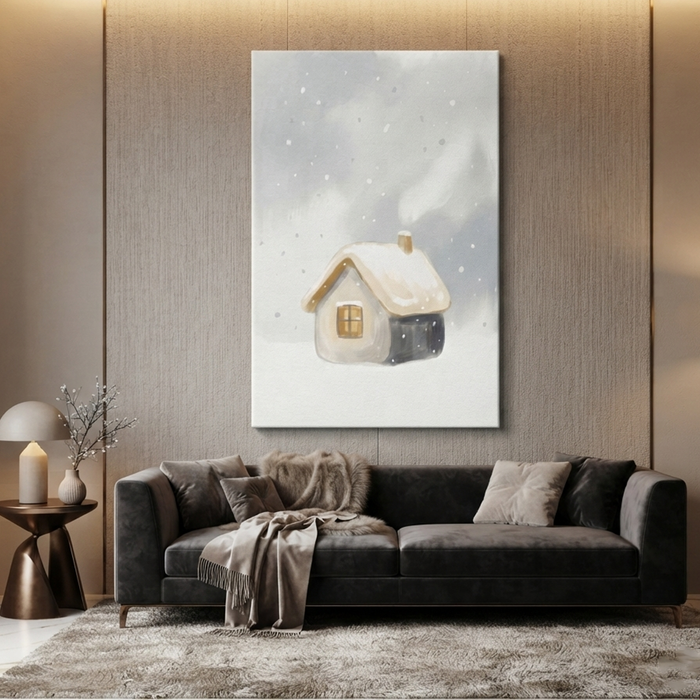 Snow Dusted Tiny Cottage Cozy Watercolor Canvas Wall Art Prints