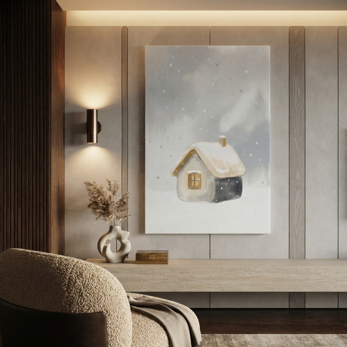 Snow Dusted Tiny Cottage Cozy Watercolor Canvas Wall Art Prints