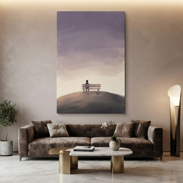 Hilltop Bench Lavender Dusk Cozy Watercolor Canvas Wall Art Prints