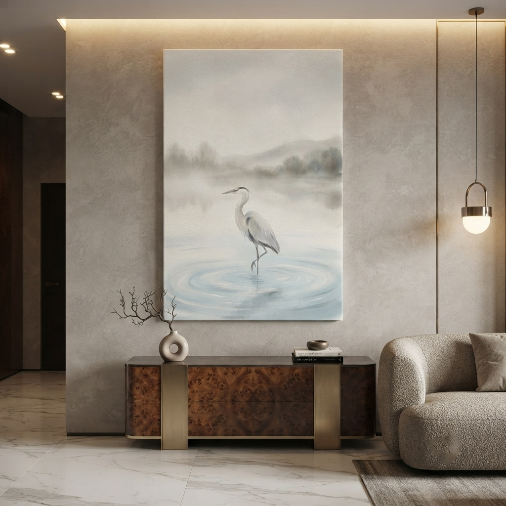 Misty Lake Grey Heron Cozy Watercolor Canvas Wall Art Prints