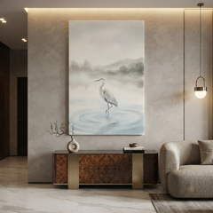 Misty Lake Grey Heron Cozy Watercolor Canvas Wall Art Prints