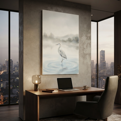 Misty Lake Grey Heron Cozy Watercolor Canvas Wall Art Prints