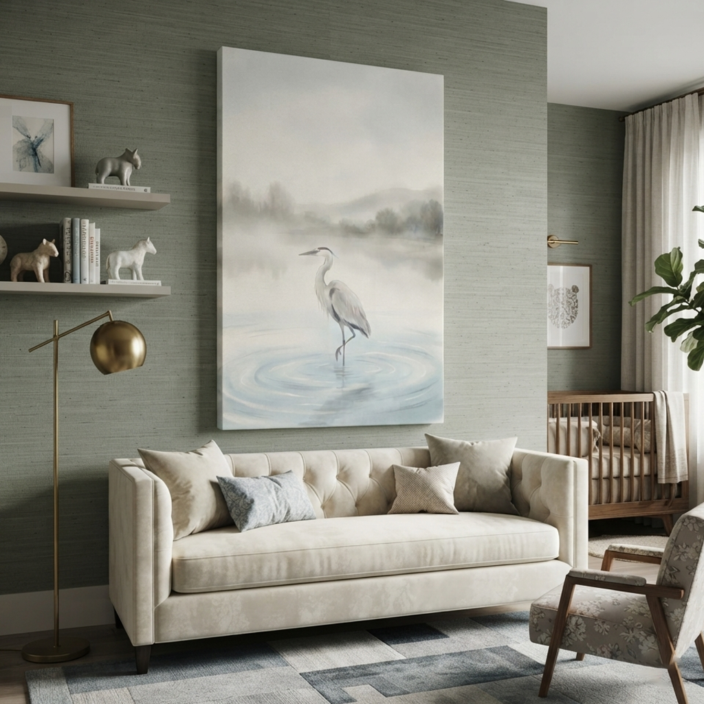 Misty Lake Grey Heron Cozy Watercolor Canvas Wall Art Prints