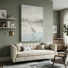 Misty Lake Grey Heron Cozy Watercolor Canvas Wall Art Prints