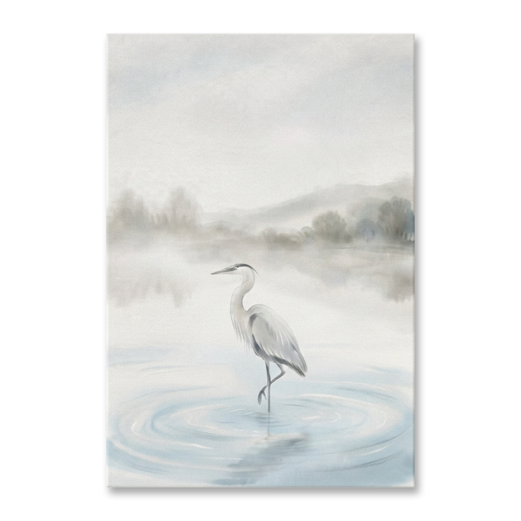 Misty Lake Grey Heron Cozy Watercolor Canvas Wall Art Prints, zoom in to see the canvas