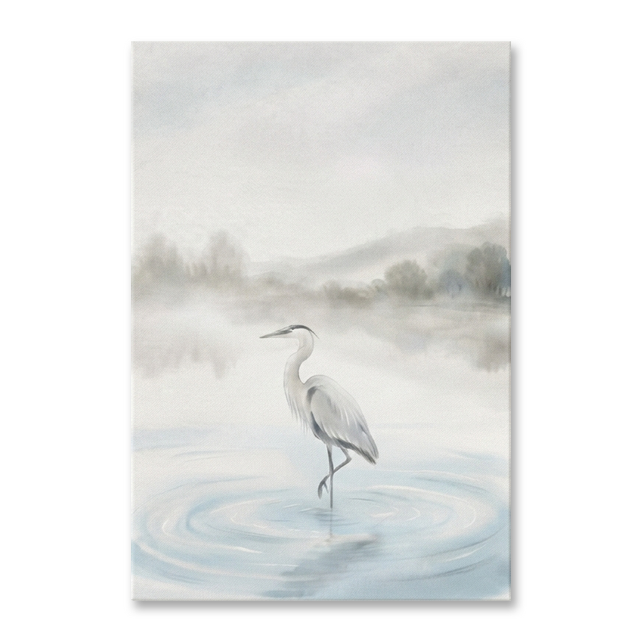 Misty Lake Grey Heron Cozy Watercolor Canvas Wall Art Prints above a 3-seater sofa at true scale